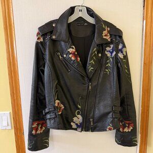 Embroidered Black. Vegan Leather Jacket